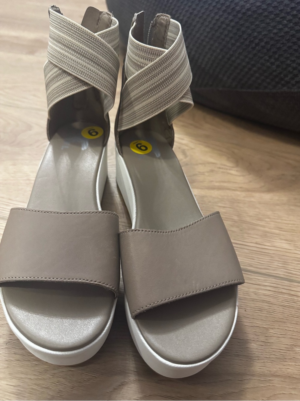 Sorel Taupe Crisscross Ankle Strap Wedge Sandals